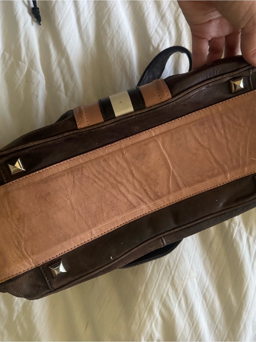 L.A.M.B. Dark Brown Leather Stripe Satchel with Contrast Center Panels. Rare.Y2K - Picture 5 of 11